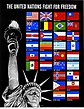 Flag of El Salvador displayed in Wartime poster for the United Nations, created in 1941 by the US Office of War Information. The United Nations fight for freedom. Poster depicts an etching of the Statue of Liberty on a black background on the left side of the poster. On the right there are pictures of flags of 30 countries. Poster has black background with white text at the top of the page and a white border all around.