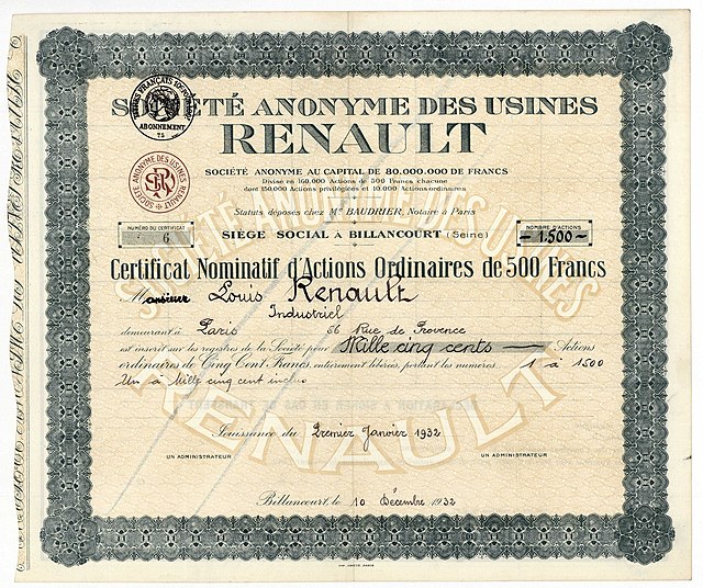 Share of the SA des Usines Renault, issued 1 January 1932 to Louis Renault