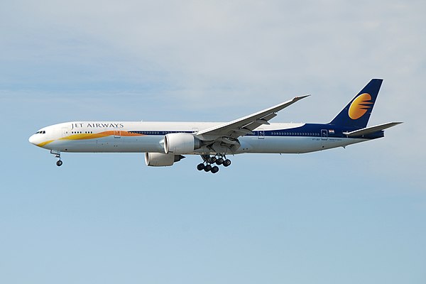 A Jet Airways Boeing 777-300ER on approach to London Heathrow Airport in 2012