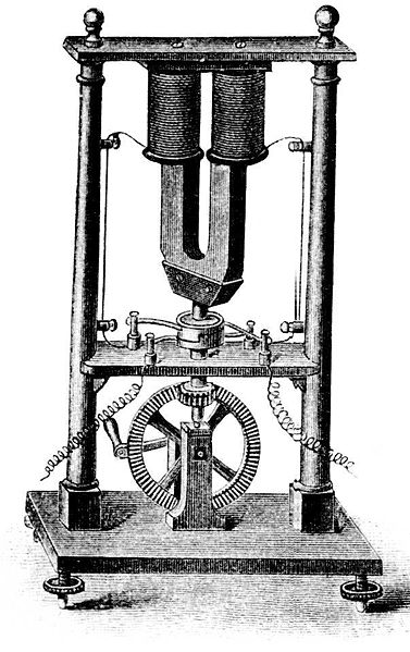 Hippolyte Pixii's dynamo. The commutator is located on the shaft below the spinning magnet.