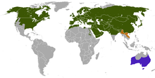 Carte de l'aire de répartition du Renard roux :
.mw-parser-output .legende-bloc-centre{display:table;margin:0 auto;text-align:left}.mw-parser-output .legende-bloc ul li{font-size:90%}.mw-parser-output .legende-bloc-vertical ul li{list-style:none;margin:1px 0 0 -1.5em}.mw-parser-output .legende-bloc-vertical ul li li{list-style:none;margin:1px 0 0 -1.0em}
Zones d'origines
Présence incertaine
Zones d'introductions
Zones où il est inexistant