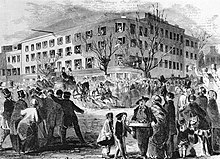 An 1853 engraving depicting President Franklin Pierce leaving the Willard Hotel. Willard Hotel - Franklin Pierce inauguration - Illustrated News - 1853.jpg