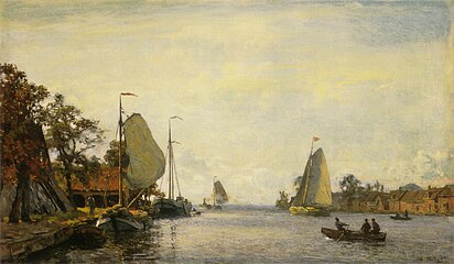 Riverscape with sailing boats in the summer label QS:Len,"Riverscape with sailing boats in the summer" label QS:Lpl,"Pejzaż rzeczny z łodziami żaglowymi w lecie" oil on canvas medium QS:P186,Q296955;P186,Q12321255,P518,Q861259 . 35.4 × 59 cm (13.9 × 23.2 in).