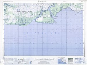 Saaren kartta ympäristöineen (pohjoisessa Yos Sudarso -saari)