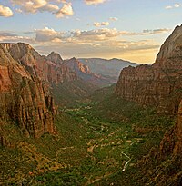 Zion Canyon as seen from the top of Angels Landing at sunset.