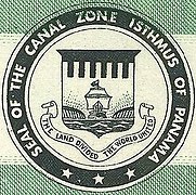 "SEAL OF THE CANAL ZONE ISTHMUS OF PANAMA" "THE LAND DIVIDED THE WORLD UNITED" - Canal Zone Air Mail, 6c, 1965 Issue (cropped).jpg