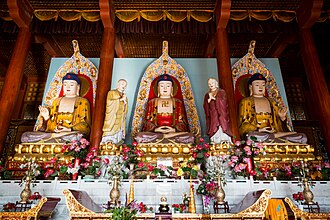 The Trikaya Buddha (San Shen ) in the main hall of Shanyuan Temple (Shan Yuan Si ), Liaoning Province, China. Shan Yuan Si -2.jpg