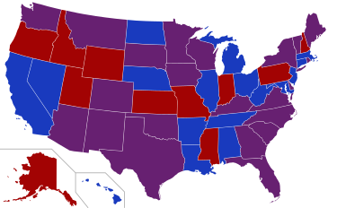 Senators' party membership by state at the opening of the 102nd Congress in January 1991
2 Democrats
1 Democrat and 1 Republican
2 Republicans 102nd United States Congress Senators.svg