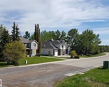 Grey buildings surrounded by tall trees.