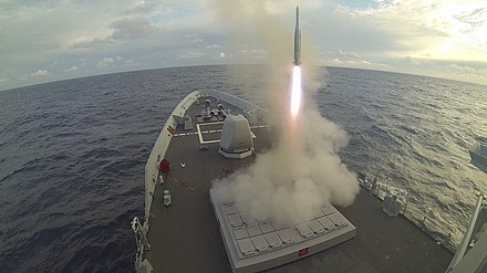 The Spanish frigate Álvaro de Bazán launches an Evolved Sea Sparrow missile to intercept a simulated enemy missile during exercise Formidable Shield 2017