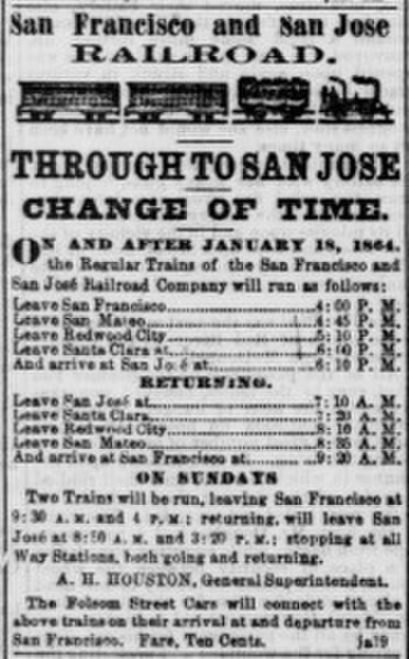 SF&SJ RR schedule and fare, January 1864