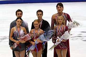 MacCuish/Evans (far left) with the other medalists at the 2007-08 Junior Grand Prix, USA 2007 JGP USA Pairs Podium.jpg