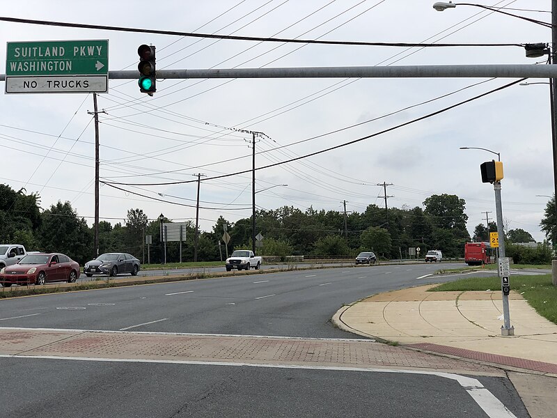 File:2020-08-21 10 54 25 View west along Maryland State Route 458 (Silver Hill Road) at the exit for the Suitland Parkway NORTH (Washington) in Suitland, Prince George's County, Maryland.jpg