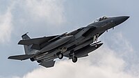 A US Air Force F-15C Eagle, tail number 85-0120, on final approach at Kadena Air Base in Okinawa, Japan. It is assigned to the 44th Fighter Squadron at Kadena AB.