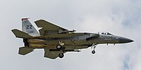 A US Air Force F-15C Eagle, tail number 83-0011, on final approach at Kadena Air Base in Okinawa, Japan. It is assigned to the 67th Fighter Squadron at Kadena AB.