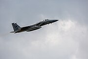 An F-15C Eagle, tail number 86-0163, taking off from RAF Lakenheath in England. The aircraft was assigned to the 493rd Fighter Squadron.