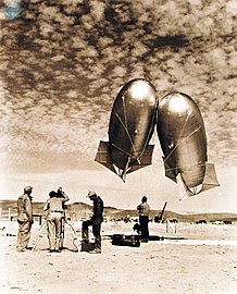 Kytoon balloons were used on Indian Springs Air Force Base, Nevada, April 20, 1952 to get exact weather information during atomic test periods.
