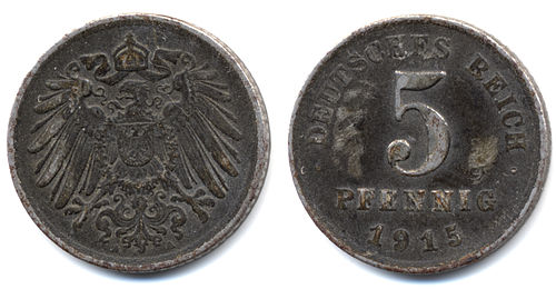 5芬尼铁硬币流通于1915年德意志帝国
