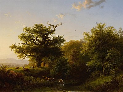 220. Barend Cornelis Koekkoek label QS:Len,"220. Barend Cornelis Koekkoek" A Wooded Landscape with Grazing Cattle Near a Stream