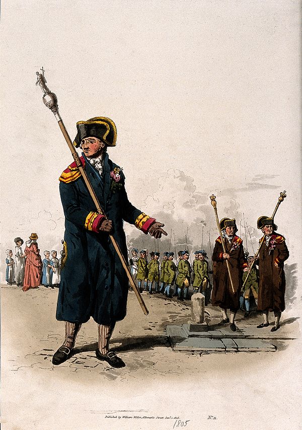 A beadle, carrying his staff; behind him two churchwardens (coloured aquatint, 1805).