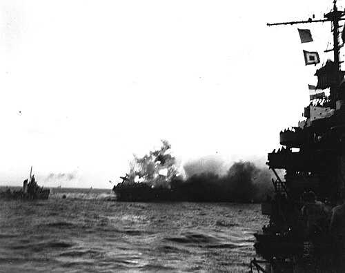 USS Lexington explodes during the Battle of the Coral Sea.
