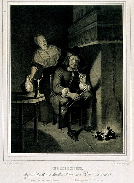 File:A man sits by a fireplace lighting his pipe with an ember while a servant girl brings his drink.jpg