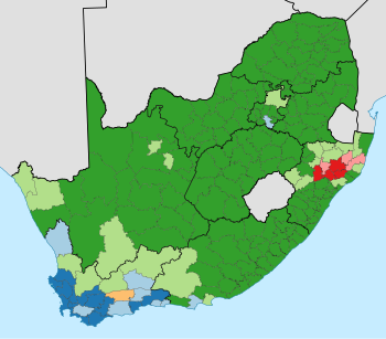 Results of the national vote by municipality.
ANC majority
ANC plurality
DA majority
DA plurality
Inkatha majority
Inkatha plurality
ICOSA plurality Afrique du sud 2019-par circonscription.svg