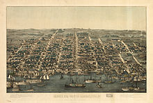 Elegant drawing of city from above Potomac river looking west over streets of Alexandria and several sailing boats in foreground