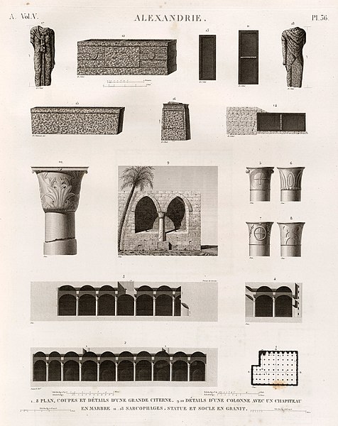 Pl.36 - 1-8. Plan, coupes et détails d'une grande citerne 9.10. Détails d'une colonne avec un chapiteau en marbre 11-18. Sarcophages, statue et socle en granit