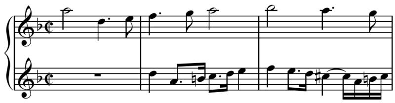 Contrapuntus VII from Bach's Art of Fugue. Observe the lower voice of the canon in halved (i.e. diminished) note values.