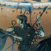 Céramique représentant la déesse grecque Athéna portant l'égide frangée de serpents (vers 540 av. J.-C).