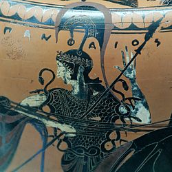 Atena portant l'ègida enrivetada de serps. Hídria àtica de figures negres, cap a 540 a.C., Cabinet des médailles de la BNF