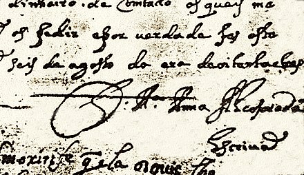 Signature of Mariana Alcoforado (Maria Anna Alcoforada), once thought to be the writer of the epistolary fiction, Letters of a Portuguese Nun.