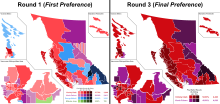 Results of the leadership election. First preference votes by riding are shown on the left side, the final redistributed votes are shown on the right side. Click to expand. B.C Liberal Party Leadership Election - First & Final Ballot Preference by Riding.svg