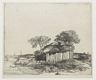 Cottage with a White Paling label QS:Len,"Cottage with a White Paling" label QS:Lnl,"Boerderij met witte planken schutting" . 1648. etching print and drypoint print (ii/iii). 13 × 16 cm (5.1 × 6.2 in). Various collections.