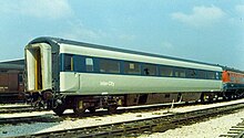 One of the first Mark 3 carriages No:E12000 to be delivered to the Railway Technical Centre, Derby in 1972 BR Mk3 12000.jpg