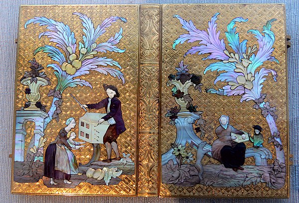 Secular Rococo luxury or treasure binding for a book, using techniques from the making of gold boxes, in gold, mother of pearl and hardstone, Berlin, 