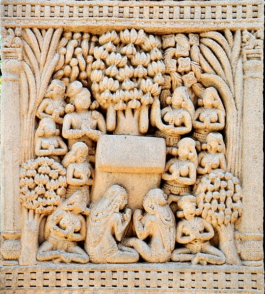 King Bimbisara visits the Bamboo Garden (Venuvana) in Rajagriha; artwork from Sanchi.