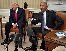 President Obama meets with President-elect Donald Trump at the Oval Office following the latter's victory in the 2016 presidential election, November 10, 2016 Barack Obama meets with Donald Trump in the Oval Office (crop 2).jpg