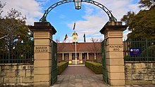 Barker College "Mint" entrance gates, Pacific Highway, Hornsby, New South Wales Barker College Entrance Gates.jpg