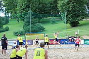 Deutsch: Beachhandball Europameisterschaften 2019 (Beach handball Euro); Tag 1: 2. Juli 2019 – Männer, Vorrunde Gruppe A, Deutschland-Norwegen 2:0 (22:14, 22:20) English: Beach handball Euro; Day 1: 2 July 2019 – Men Preliminary Round Group A – Germany-Norway 2:0 (22:14, 22:20)