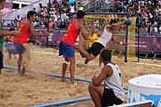 Deutsch: Beachhandball bei den Olympischen Jugendspielen 2018; Tag 7, 13. Oktober 2018; Jungen, Finale – Portugal-Spanien 1:2 English: Beach handball at the 2018 Summer Youth Olympics at 13 October 2018 – Boys Gold Medal Match – Portugal-Spain 1:2