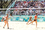 Deutsch: Beachvolleyball bei den Olympischen Jugendspielen 2018; Tag 9, 15. Oktober 2018; Mädchen, Viertelfinale: USA-Spanien 2–1 (21–19/17–21/15–9) English: Beach volleyball at the 2018 Summer Youth Olympics at 15 October 2018 – Girls Quarterfinals: USA-Spain 2–1 (21–19/17–21/15–9)