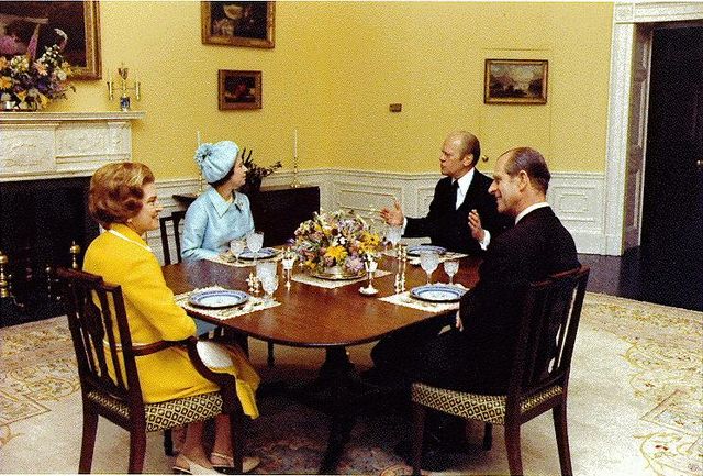 First Lady Betty Ford, with President Gerald Ford, Queen Elizabeth II, and Prince Philip in the President's Dining Room in conjunction with a 1976 sta