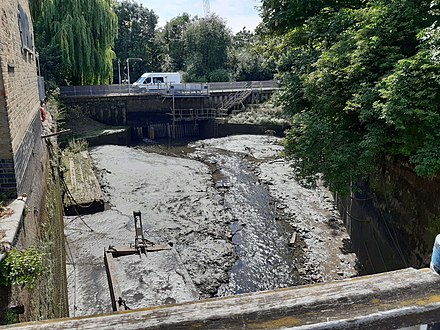 Beverley Brook from Thames towpath, just before it discharges into the River Thames