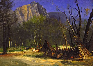 <i>Indians in Council, California</i> 1872 oil painting by Albert Bierstadt