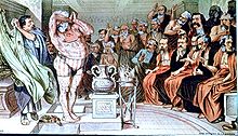 Dessin d'un assemblée à l'époque romaine. Un homme recouvert de tatouages est amené devant une assemblée choquée.