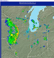 A bow echo west of the Chicago area Bow echo chicago.jpg