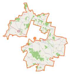 Mapa konturowa gminy wiejskiej Brańsk, na dole po prawej znajduje się punkt z opisem „Parafia MB Wspomożenia Wiernych”