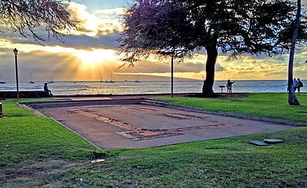 The remaining foundations of Kamehameha's Brick Palace were excavated in 1964 and can be seen in Lahaina, Maui. Brick Palace foundations sunset.jpg